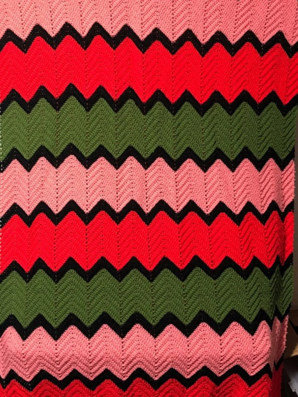 Vintage 70s Crochet Chevron Afghan Blanket Retro Pink Green Boho Throw MCM 86x36